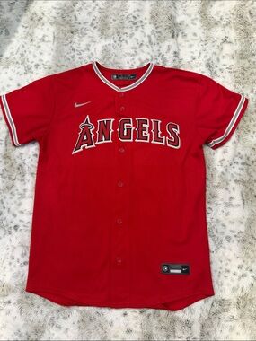 Youth LG Nike Red Los Angeles Angels Button-Up Jersey